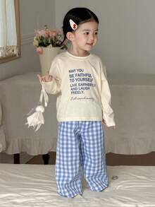 DAZY 2pcs Baby Girls' Casual Letter Print Short Sleeve Top And Plaid Pants Homewear Set