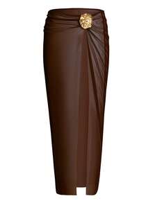 Swim Oasis 女士撞色镂空网纱半身裙，性感优雅的度假风，简约设计，适合圣诞节、海滩、夏季等场合穿着。棕色半身裙套装，复古沙滩晚宴装，西部棕色沙滩裙套装。 - 彩色 - 查看 6