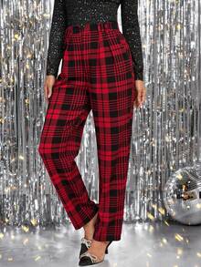 Ellevyn 女士褶皱锥形裤，黑色和红色针织弹力格子，优雅日常穿着，适合圣诞节和节日，秋冬 - 彩色 - 查看 3