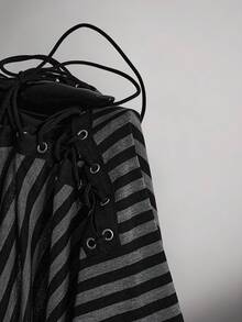 SHEIN ICON Plus Size Y2K Dark Punk Style Casual Side Ruched Drawstring Striped Shorts Goth Shorts Black And Gray Striped Shorts Ruched Shorts - Black - View 16