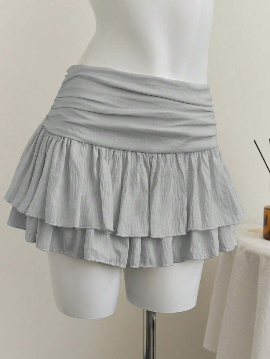 Elamini 米色褶皱高腰低腰双层雪纺半身裙，度假风迷你裙 - 灰色 - 查看 1