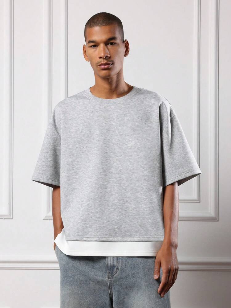 SUMWON 남성용 박시 핏 이중 레이어 크루넥 반팔 티셔츠 캐주얼 릴렉스 스트리트웨어 헤더 풀오버 탑 플레인