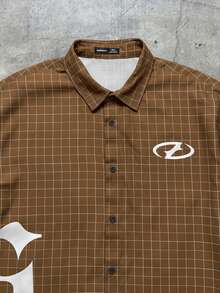 AXEPEAK 男士宽松字母格子印花短袖梭织衬衫 - 棕色 - 查看 5