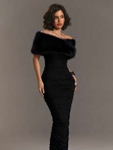 Aloruh Women's Off-Shoulder Ruffle Collar Fitted Elegant Party Dress