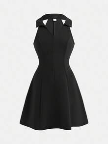 SHEIN Váy chữ A không tay cổ chữ V màu trơn dành cho bé gái tuổi mới lớn - màu đen - Xem 5