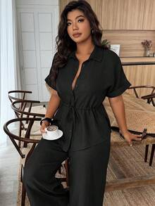 Weeklong Plus Size Women Solid Color Short Sleeve Single-Breasted Shirt And Wide Leg Pants Casual 2 Pieces Set - Black - View 6