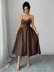 Elenzga Abito elegante da donna con inserti in pizzo, vita arricciata e linea ad A, adatto per la primavera/estate - Castano - Visualizzare 5