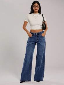 SHEIN Forever 21 春夏女装浪漫/舞会/正式/生日/90年代/商务休闲/优雅/西部风/外出/时尚/休闲/千禧年服装/夜店/办公室/鸡尾酒会/复古/紧身/锐舞装/趣味/优雅/老钱/街头风/度假/乡村音乐会/工作/端庄/春假/单身派对装/演唱会/酷炫/基础款/毕业/水洗蓝/低腰/宽松/直筒/阔腿/牛仔装/牛仔裤 - 藍色 - 查看 4