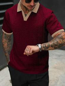 Manfinity CasualCool 男士撞色短袖休闲通勤针织衫，男士纽扣针织短袖Polo衫，酒红色和白色衬衫，男士酒红色衬衫，适合日常休闲、周末旅行、户外活动、探险旅行、轻松的工作环境或半正式场合，也是送给男友/丈夫、周年纪念日或圣诞节的理想礼物。 - 酒紅色 - 查看 4