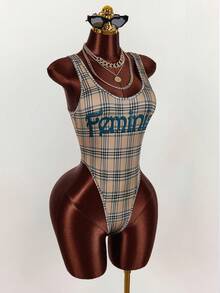 Amplova Women's Low-Cut Bodysuit With Plaid Pattern, Slogan, Distressed Finish, Sexy And Avant-Garde Backless Design - Multicolor - View 7