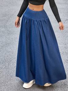 Flexra Women's Solid Color Pleated Fashionable Versatile Long Denim Skirt - Blue - View 6