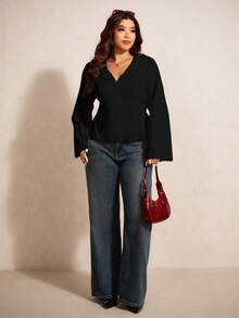 Elaquor Áo sơ mi tay chuông màu trơn đa năng cỡ lớn - màu đen - Xem 3