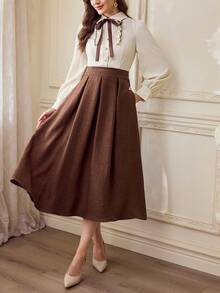 Vintamour Vintage Elegant Women's Dress With Pockets Contrast Color Pleated Pearl Button Shirt Dress Casual Commute Holiday Dress Winter Dresses Women's Winter Dress Winter Clothes For Women New Year Dress Women's New Year's Eve Dresses New Year Outfit New Year Clothes Elegant Dresses For Women Elegant Dresses For Ladies Vacation Outfits Women Elegant Dresses For Party Spring Outfit Women Spring Break Outfits Spring Dress Women Brown Dress - Brown - View 7