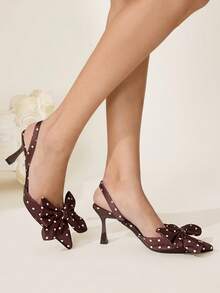 CUCCOO CHICEST Zapatos de tacón elegantes y de moda para fiesta con decoración de lunares y lazo para mujer - Marrón - Ver 2