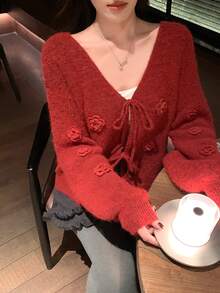 DAZY 女士V领休闲韩版纯色系带长袖开衫 - 紅色 - 查看 5
