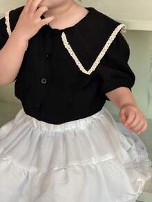 DAZY Baby Girl Peter Pan Collar Short Puff Sleeve Single-Breasted Cute Blouse - Black - View 3