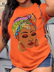 Rovax Women's Printed Simple Short Sleeve T-Shirt Graphic Tees Women Tops - Orange - View 3