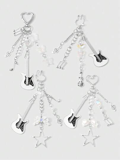 ROMWE Kawaii 2 יחידות שרשרת לב חלולה מכסף משובחת בהתאמה אישית מסדרת פסטיבל מוזיקה, פנינה מלאכותית, קשת ריינסטון, סהר, פרפר, תו מוזיקה, כינור, תליון גיטרה חשמלית עשה זאת בעצמך סט קסם לתיק, מתאים לאחיות, חברות, חברות, לבוש יומיומי, מתנה לחג