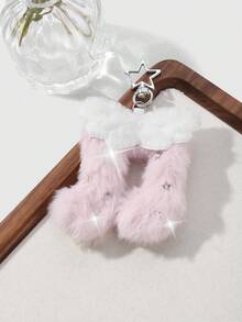 ROMWE Kawaii 1pc Multi-Style Ins Cute & Elegant Silver Rhinestone Star Swirl Guitar Pendant, White Plush Angel Wings, Pink Double-Sided Starry Plush Music Note Pendant, DIY Keychain Accessory, Suitable For Sisters, Friends, Couples, Daily Wear, Holiday Gifts - Pink - View 5