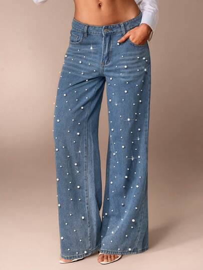 SHEIN Forever 21 Dames lage taille modieuze studs rechte losse pasvorm casual jeans