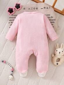 SHEIN 新生女宝宝粉色蝴蝶结卡通可爱小白兔刺绣长袖修身连体衣秋冬新款面料舒适 - 粉色 - 查看 2