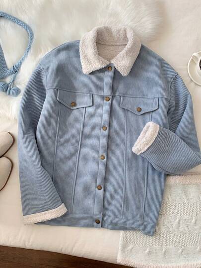 SHEIN EZwear 落肩泰迪内衬长袖拉链红色 PU 皮革谷仓夹克 冬季