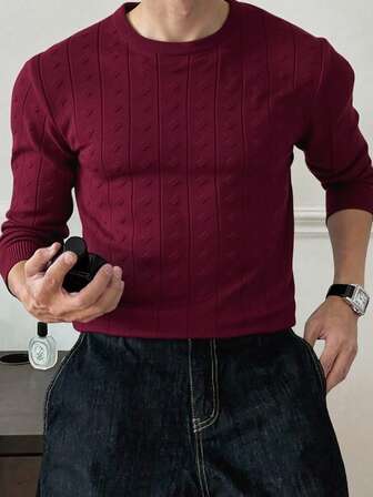 Manfinity Mode Men's Casual Solid Color Cable Knit Crew Neck Sweater, Autumn/Winter, Long Sleeve Top