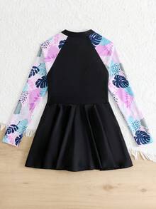 SHEIN 少女连体防晒泳衣，热带植物印花，拉链设计，沙滩度假泳装