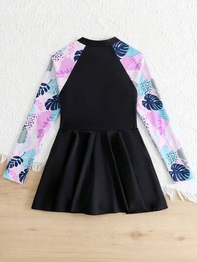 SHEIN Đồ bơi liền thân Rash Guard cho bé gái tuổi teen in họa tiết cây nhiệt đới, thiết kế khóa kéo, đồ bơi đi biển