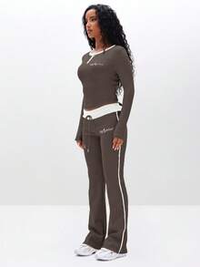 BABYPHAT Ribbed Henley Long Sleeve Top With Contrast White Trim And Button Placket For Casual Everyday Wear - Mocha Brown - View 4