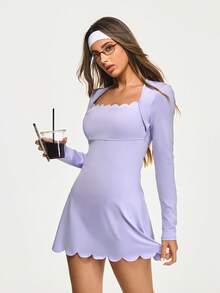 Gameset SHEIN Sport Vestido deportivo de manga larga con cuello de cisne arqueado y pantalones cortos de unicolor para mujer - Púrpura malva - Ver 3