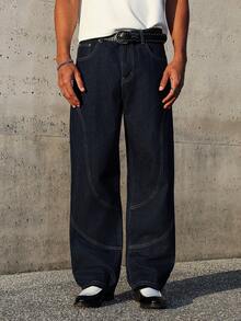 Manfinity EMRG 男士阔腿拼接牛仔裤 男士宽松牛仔裤 - 深色水洗藍 - 查看 6