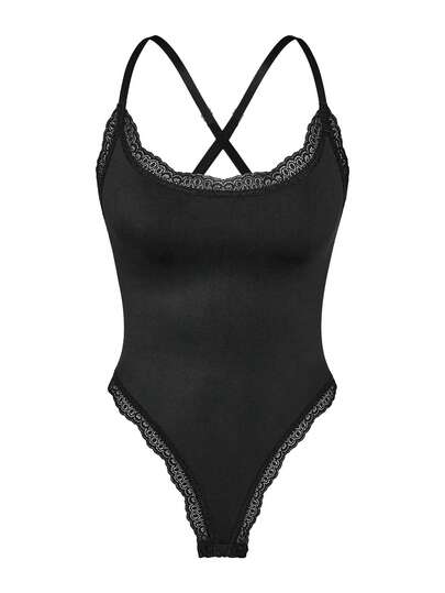 Schwarzer Spitzen-Patchwork Taillenformer, figurbetonend, tiefer Ausschnitt, 1/2 Tasse, Schritt-Druckknopfverschluss, kann als Oberbekleidung getragen werden, leicht an- und ausziehbar, minimalistischer lässiger Damen-Bodysuit, für Party & Alltag