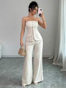 Selianne Bộ 2 món áo trễ vai thanh lịch màu trơn cho nữ và quần ống đứng - Màu be - Xem 4