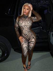 Slaydiva 2025秋季新款万圣节生日派对宴会学院风学生日常休闲邮轮旅行爆款街头风性感夜店圆领长袖修身线条数码印花女式紧身连体裤 - 棕色 - 查看 6