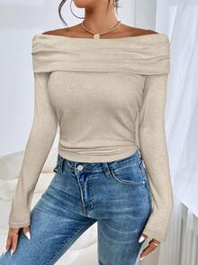 Firerie Women's Solid Color Ruched Off Shoulder Fashionable Long Sleeve T-Shirt - Apricot - View 3