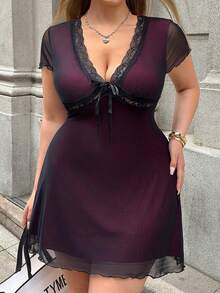 GalTyme 加大码 V 领蕾丝拼布黑色休闲连衣裙，春/秋季、秋季、返校节、外出、约会、婚礼宾客礼服、裹身裙、秋冬、优雅派对礼服、女士婚礼宾客礼服、民事婚礼礼服、女士约会礼服、女士夜间外出礼服、女士秋季礼服 - 彩色 - 查看 1