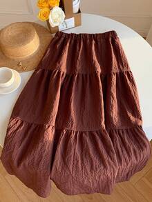 SHEIN EZwear 素色荷葉邊半身裙 - 咖啡棕 - 查看 3