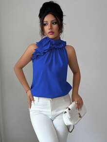 Balvessa Women's Solid Color Ruffle Pleated Sleeveless Blouse, Intellectual And Elegant - Blue - View 3