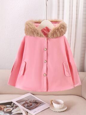 Elladie kids Ung flickas trendiga söta fluffiga huvade ponchojacka, beige, höst/vinter