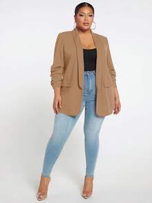SHEIN Tall CURVE Plus Size Casual/Office Solid Color Blazer In Fall/Winter - Camel - View 4