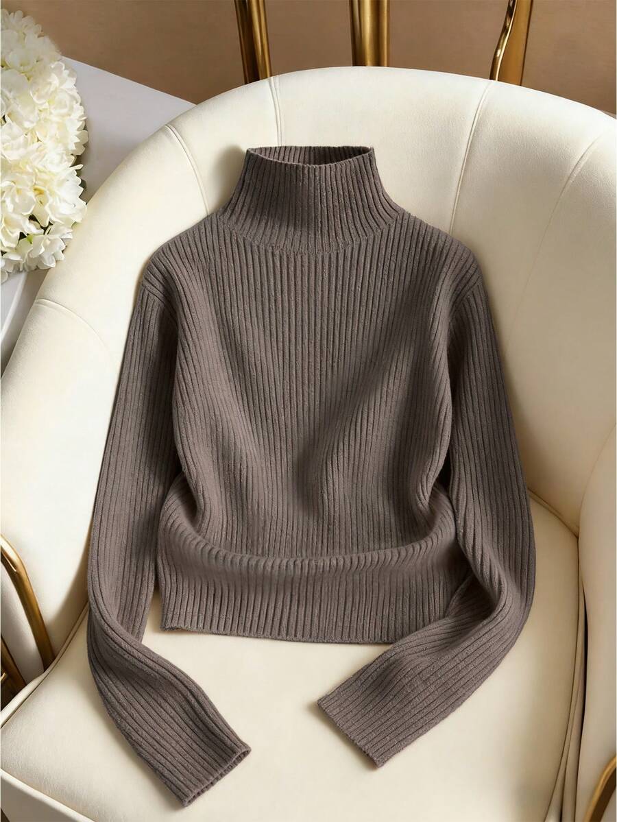 Franclia Maglione lavorato a maglia con collo alto alla moda per donna, unico e splendido, vestibilità slim, adatto per autunno/inverno - Moka Marrone - Visualizzare 1