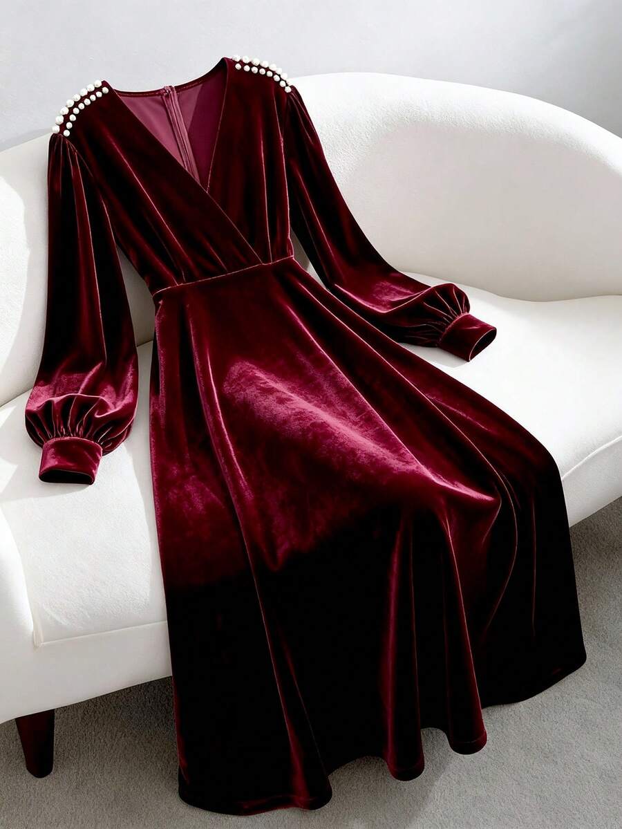 GlowEve CURVE Plus Size Women Elegant Christmas Red Beaded Velvet Long Sleeve Dress - Burgundy - View 1