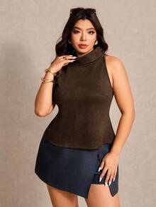 Elaquor Top sans manches col montant couleur unie grande taille, convient pour le travail. Top sans manches pour femmes en saison printanière - Marron - Voir 4