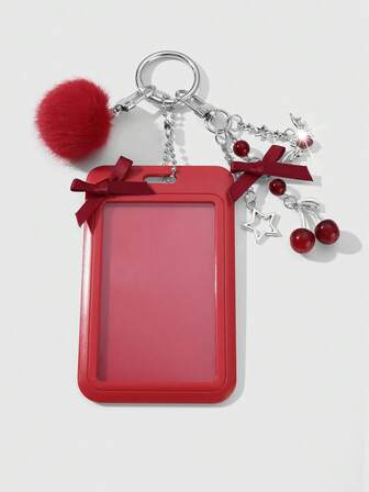 Kawaii 1pc Stylish Gothic Silver Beaded CCB Ribbon Bowknot & Heart Adjustable Lanyard ID Card Holder Charm Keychain, Suitable For Office Workers And Students, Perfect Gift Valentines, Halloween