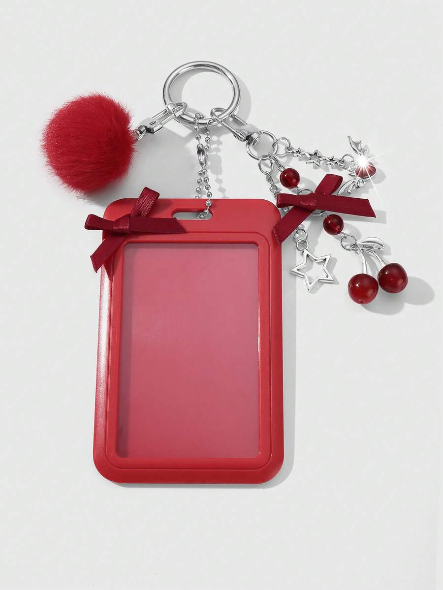 ROMWE Kawaii 1 chiếc móc khóa/dây đeo thẻ ID kiểu Gothic bạc đính hạt cườm hình nơ và trái tim, có thể điều chỉnh kích thước, phù hợp cho nhân viên văn phòng và học sinh, món quà hoàn hảo cho ngày Valentine và Halloween. - Màu đỏ - 90 - Xem 1