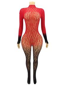 大码女士性感内衣连体衣，黑白渐变豹纹薄纱长袖露背连体衣 - 彩色 - 查看 3