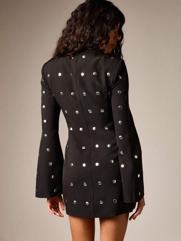 AiiRZ High Neck Studded Mini Dress With Flared Bell Sleeves Silver Metal Stud Details Bodycon Party Evening Wear Fall Winter Fashion