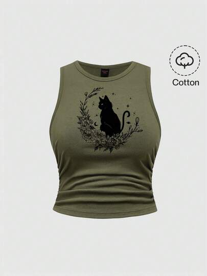 Fairycore Camiseta de tirantes de talla grande con estampado de gato oscuro y planta floral verde