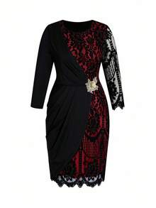 Ellevyn Plus Size Colorblock Lace Round Neck Fashion Dress Plus Size Dress Plus Size Cocktail Dress - Red - View 10